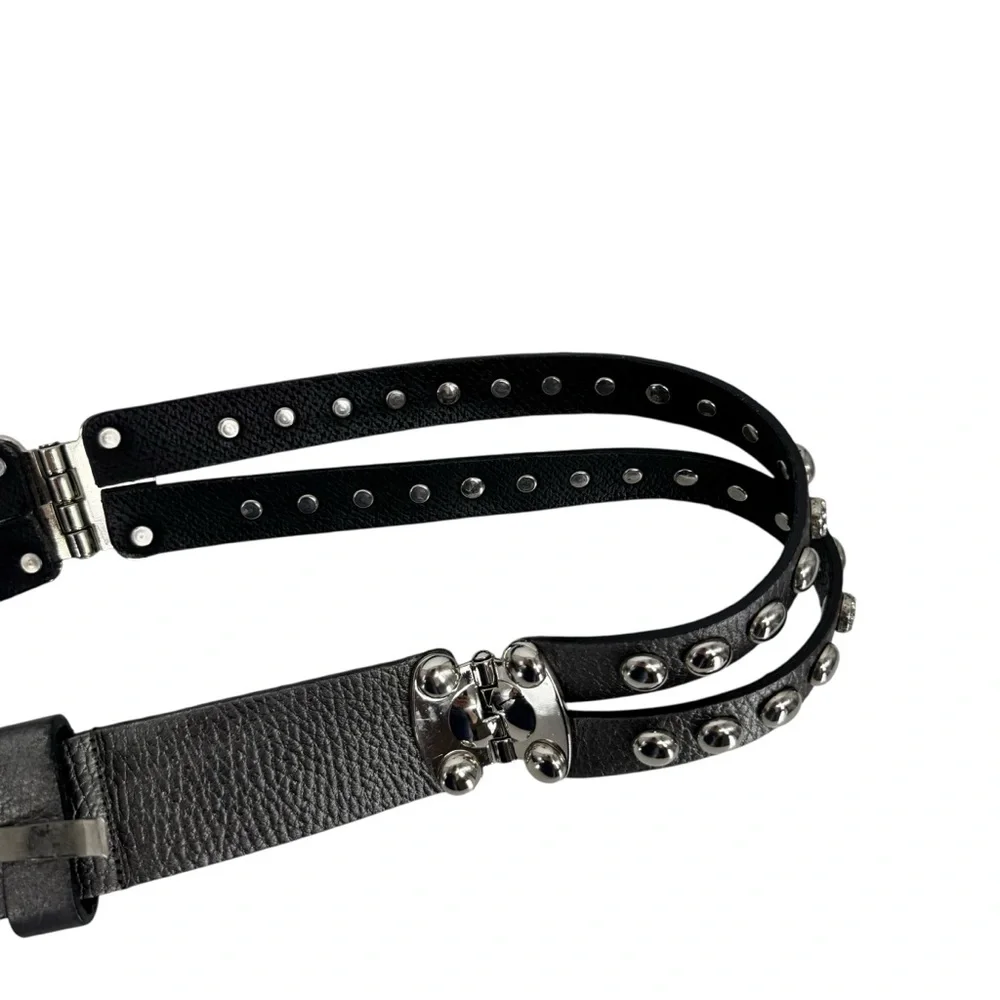 Women’s Bergē Large Gray Leather Belt w Studs and Rhinestones. Made in Italy